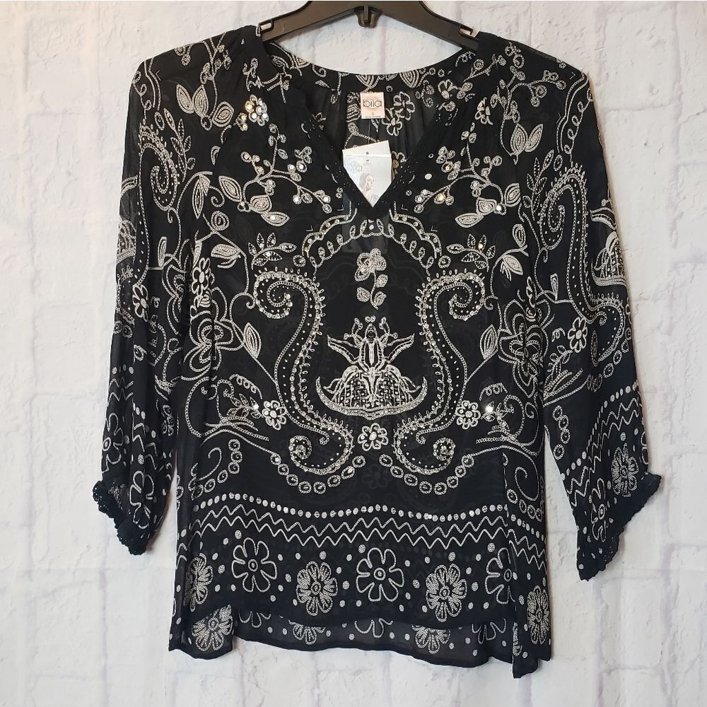 BILA NWT Sheer Sequined Tunic Top Blouse Small